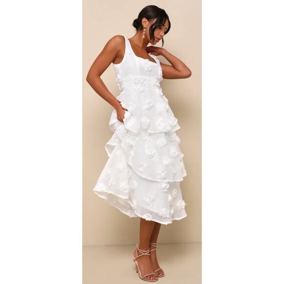 Lulus White Sleeveless Tiered Exceptional Entrance Rosette Midi Dress Size L - Picture 8 of 9